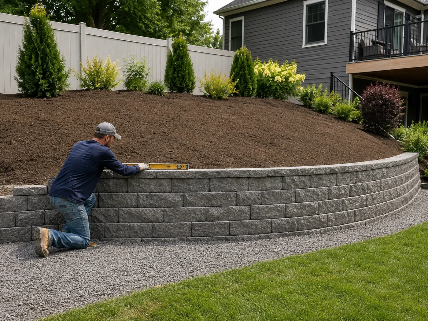 A residential block retaining wall built into a landscaped slope