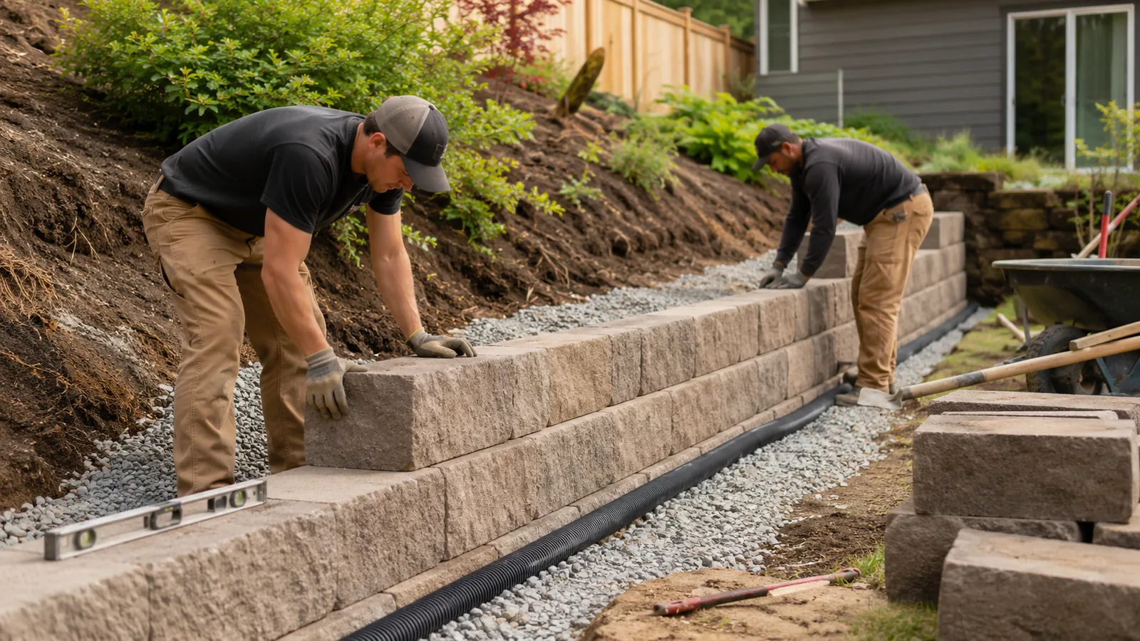 Workers building a residential retaining wall, setting stacked block into a sloped yard