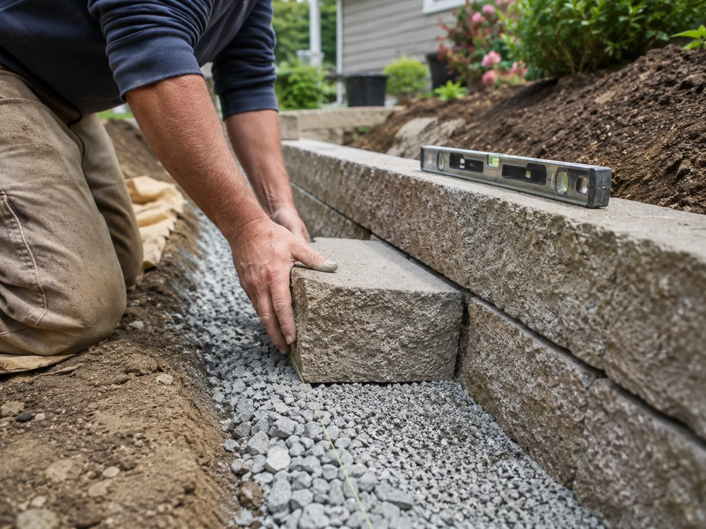 Close-up of a retaining wall under construction, showing stacked block set into a slope