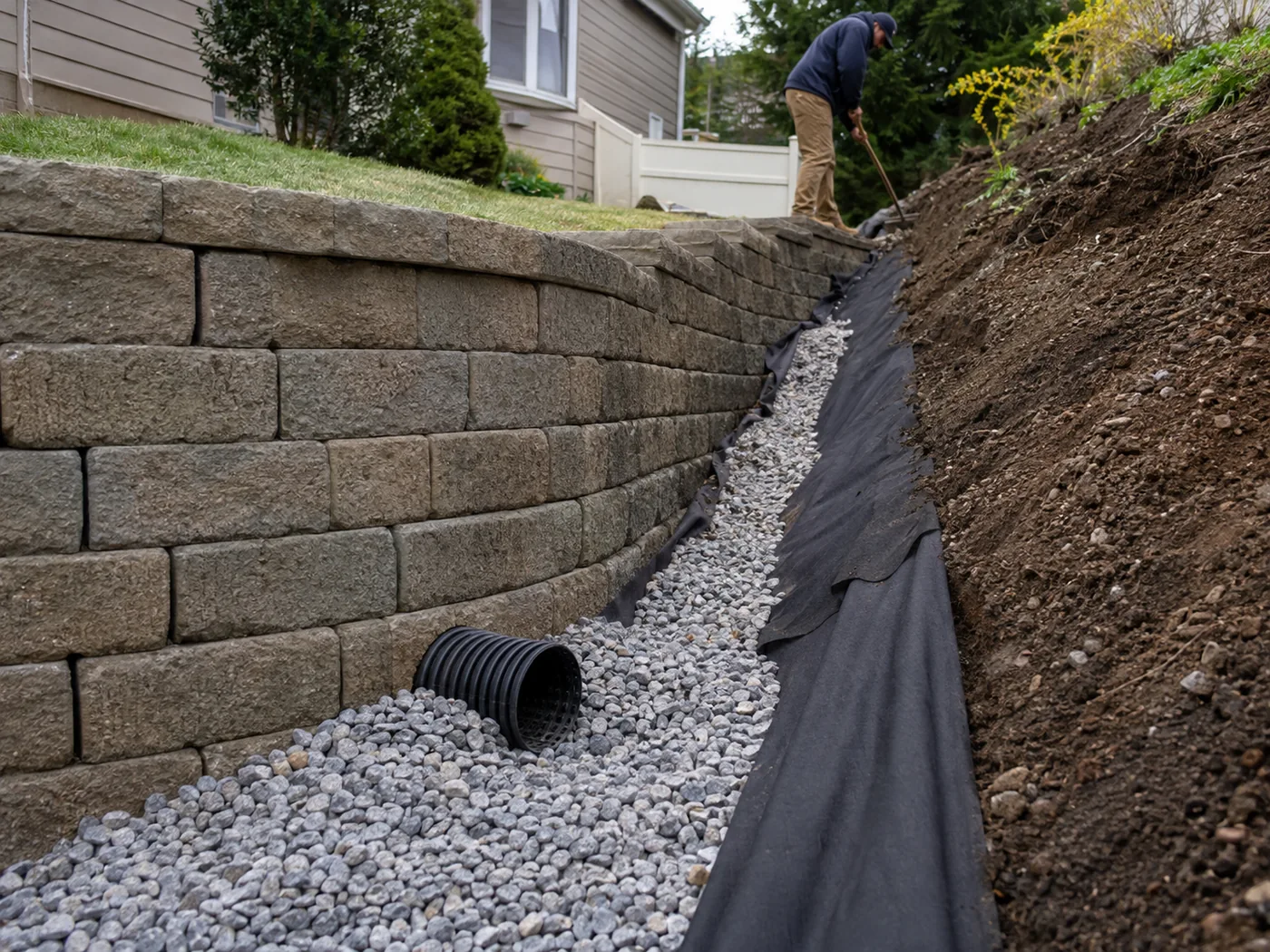 Gravel and drainage pipe being installed behind a retaining wall during construction