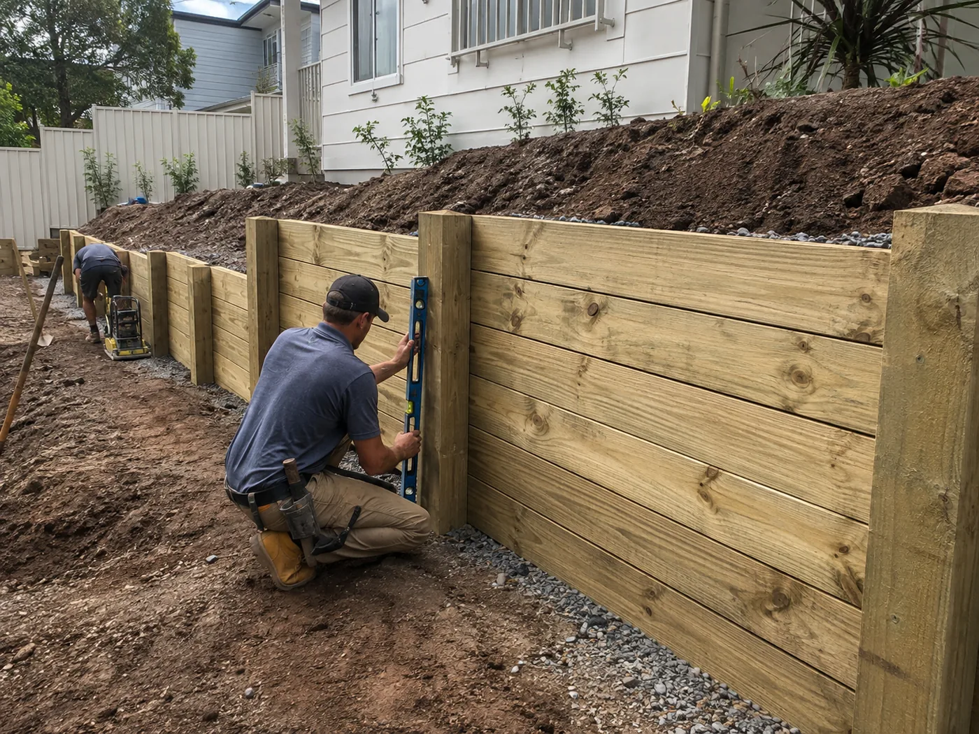 A timber retaining wall holding back a landscaped slope in a residential yard